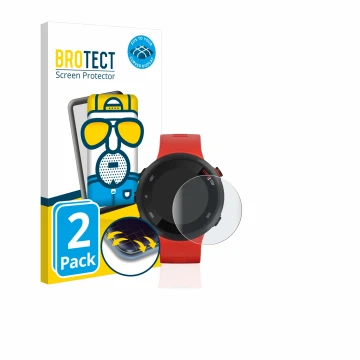 Front side of a product packaging with the brand logo BROTECT. Next to it is the device Garmin Forerunner 45 shown with the co