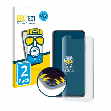 Front side of a product packaging with the brand logo BROTECT. Next to it is the device Apple iPhone 11 Pro Max shown with the