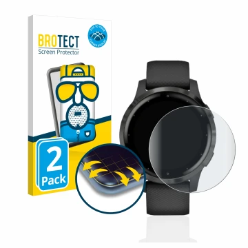 Front side of a product packaging with the brand logo BROTECT. Next to it is the device Garmin vivoactive 4 (45 mm) shown with