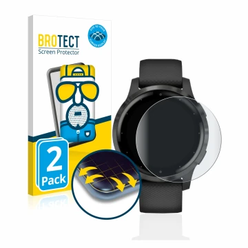 Front side of a product packaging with the brand logo BROTECT. Next to it is the device Garmin vivoactive 4s (40 mm) shown wit