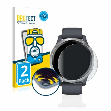 Front side of a product packaging with the brand logo BROTECT. Next to it is the device Garmin Venu (43 mm) shown with the cor