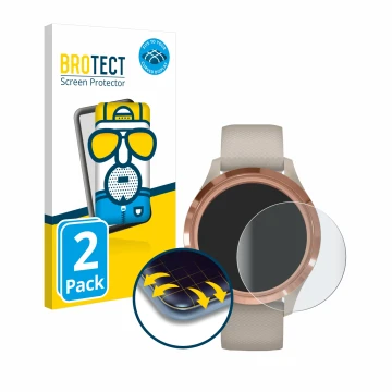 Front side of a product packaging with the brand logo BROTECT. Next to it is the device Garmin vivomove 3S (39 mm) shown with 