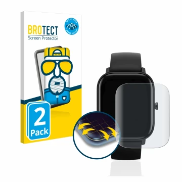 Front side of a product packaging with the brand logo BROTECT. Next to it is the device Huami Amazfit GTS shown with the corre