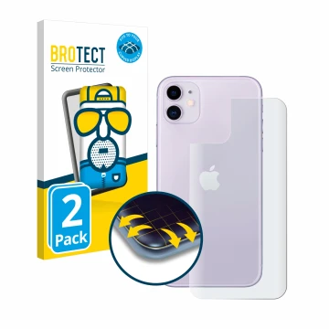 Front side of a product packaging with the brand logo BROTECT. Next to it is the device Apple iPhone 11 (Back) shown with the 