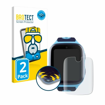 Front side of a product packaging with the brand logo BROTECT. Next to it is the device Xplora X4 shown with the corresponding