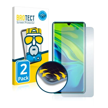 Front side of a product packaging with the brand logo BROTECT. Next to it is the device Xiaomi Mi Note 10 shown with the corre