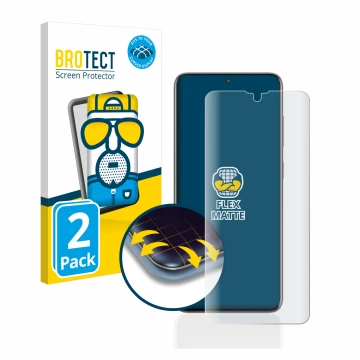 Front side of a product packaging with the brand logo BROTECT. Next to it is the device Samsung Galaxy S20 shown with the corr