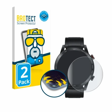 Front side of a product packaging with the brand logo BROTECT. Next to it is the device Honor Watch Magic 2 (46 mm) shown with