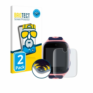 Front side of a product packaging with the brand logo BROTECT. Next to it is the device Xplora 4 shown with the corresponding 