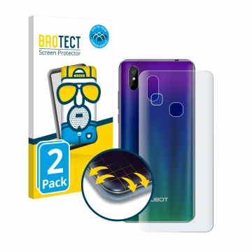 Front side of a product packaging with the brand logo BROTECT. Next to it is the device Cubot Max 2 (Back) shown with the corr