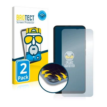 Front side of a product packaging with the brand logo BROTECT. Next to it is the device Motorola One Hyper shown with the corr