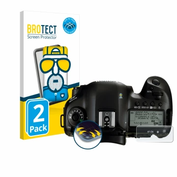 Front side of a product packaging with the brand logo BROTECT. Next to it is the device Canon EOS 5D Mark IV (top plate displa