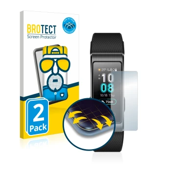 Front side of a product packaging with the brand logo BROTECT. Next to it is the device Huawei Band 4 Pro shown with the corre