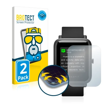 Front side of a product packaging with the brand logo BROTECT. Next to it is the device Huami Amazfit Bip S shown with the cor