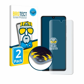 Front side of a product packaging with the brand logo BROTECT. Next to it is the device Samsung Galaxy A41 shown with the corr