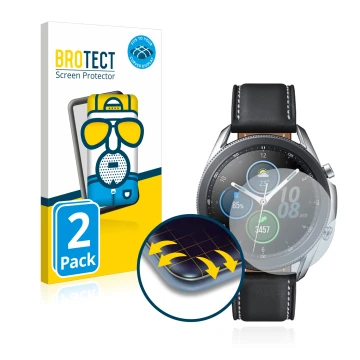 Front side of a product packaging with the brand logo BROTECT. Next to it is the device Samsung Galaxy Watch 3 (41mm) shown wi
