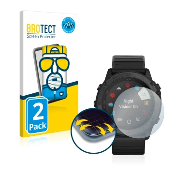 Front side of a product packaging with the brand logo BROTECT. Next to it is the device Garmin Tactix Delta shown with the cor