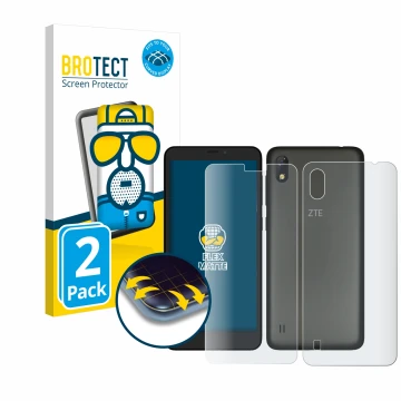 Front side of a product packaging with the brand logo BROTECT. Next to it is the device ZTE Blade A530 (Front+Back) shown with