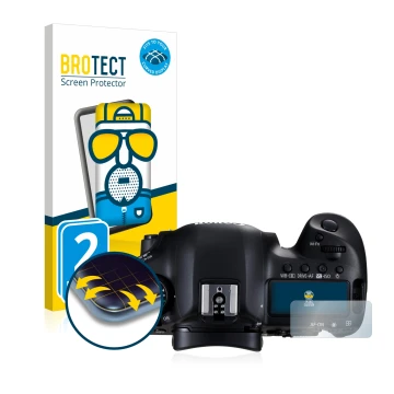 Front side of a product packaging with the brand logo BROTECT. Next to it is the device Canon EOS 5D Mark III (top plate displ