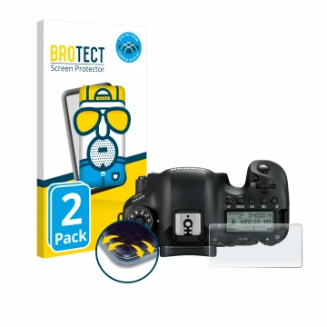 Front side of a product packaging with the brand logo BROTECT. Next to it is the device Canon EOS 6D (top plate display) shown