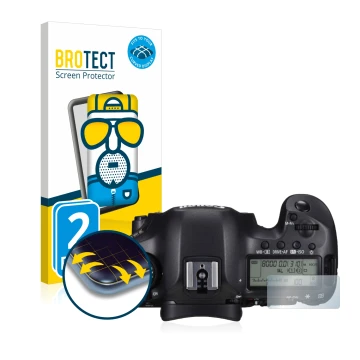 Front side of a product packaging with the brand logo BROTECT. Next to it is the device Canon EOS 5DS (top plate display) show