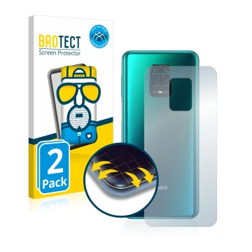 Front side of a product packaging with the brand logo BROTECT. Next to it is the device Xiaomi Redmi Note 9 Pro (Back) shown w