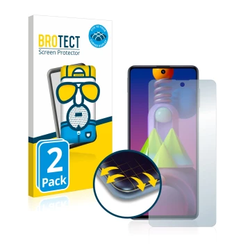 Front side of a product packaging with the brand logo BROTECT. Next to it is the device Samsung Galaxy M51 shown with the corr