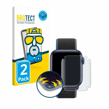 Front side of a product packaging with the brand logo BROTECT. Next to it is the device Apple Watch Series 6 (44 mm) shown wit