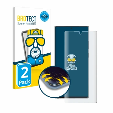 Front side of a product packaging with the brand logo BROTECT. Next to it is the device Samsung Galaxy Note 20 Ultra shown wit