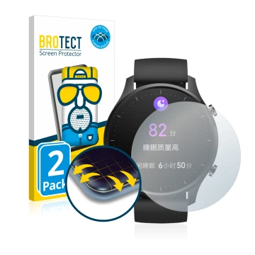 Front side of a product packaging with the brand logo BROTECT. Next to it is the device Xiaomi Mi Watch Revolve shown with the