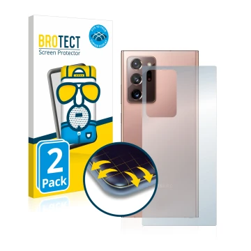 Front side of a product packaging with the brand logo BROTECT. Next to it is the device Samsung Galaxy Note 20 Ultra (Back) sh