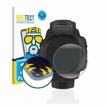 Front side of a product packaging with the brand logo BROTECT. Next to it is the device Garmin Instinct Solar shown with the c