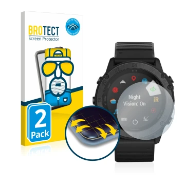 Front side of a product packaging with the brand logo BROTECT. Next to it is the device Garmin Tactix Delta Solar Ballistic sh