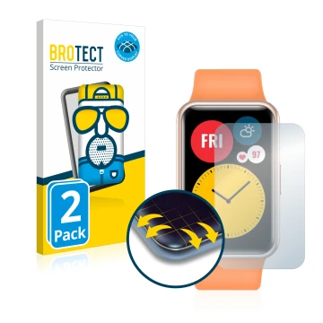 Front side of a product packaging with the brand logo BROTECT. Next to it is the device Huawei Watch Fit shown with the corres