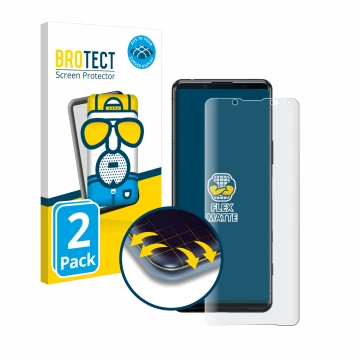 Front side of a product packaging with the brand logo BROTECT. Next to it is the device Sony Xperia 5 II shown with the corres