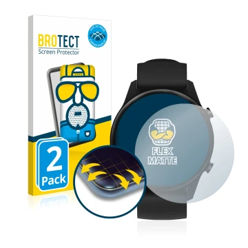 Front side of a product packaging with the brand logo BROTECT. Next to it is the device Xiaomi Mi Watch 2021 shown with the co