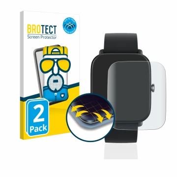 Front side of a product packaging with the brand logo BROTECT. Next to it is the device Huami Amazfit Bip U shown with the cor