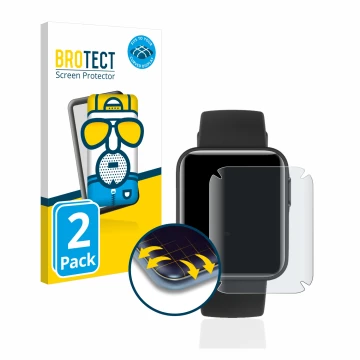 Front side of a product packaging with the brand logo BROTECT. Next to it is the device Xiaomi Mi Watch Lite shown with the co
