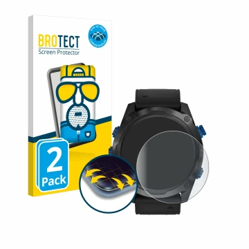 Front side of a product packaging with the brand logo BROTECT. Next to it is the device Garmin Descent Mk2i shown with the cor