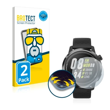 Front side of a product packaging with the brand logo BROTECT. Next to it is the device Coros Apex (42 mm) shown with the corr