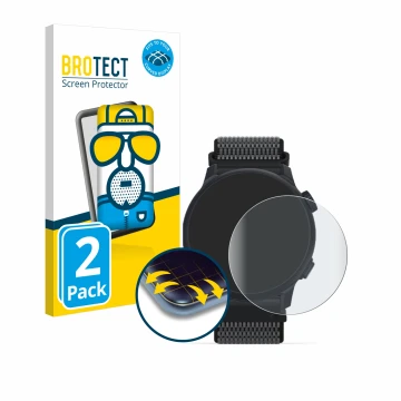 Front side of a product packaging with the brand logo BROTECT. Next to it is the device Coros Pace 2 shown with the correspond
