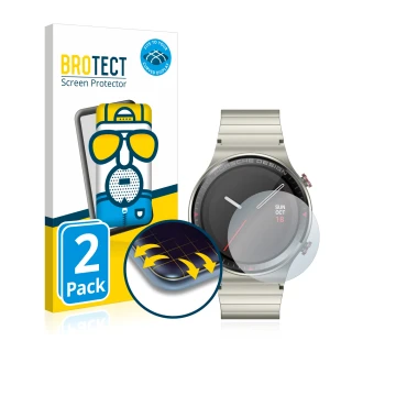 Front side of a product packaging with the brand logo BROTECT. Next to it is the device Huawei Watch GT 2 Porsche Design shown