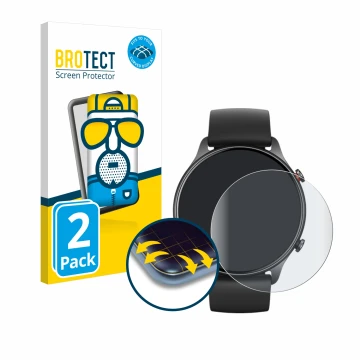 Front side of a product packaging with the brand logo BROTECT. Next to it is the device Huami Amazfit GTR 2e shown with the co