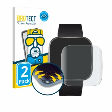 Front side of a product packaging with the brand logo BROTECT. Next to it is the device Fitbit Versa 2 Special Edition shown w