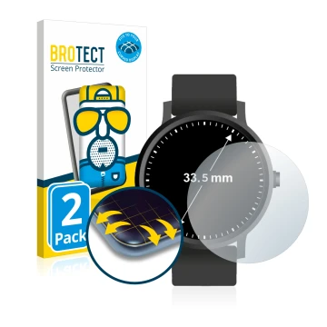 Front side of a product packaging with the brand logo BROTECT. Next to it is the device Watches (Circular, ø: 33.5 mm) shown w