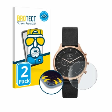 Front side of a product packaging with the brand logo BROTECT. Next to it is the device Skagen Jorn Hybrid HR (38 mm) shown wi