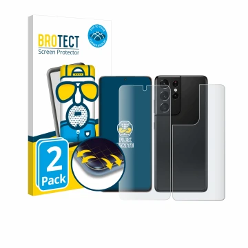 Front side of a product packaging with the brand logo BROTECT. Next to it is the device Samsung Galaxy S21 Ultra 5G (Front+Bac