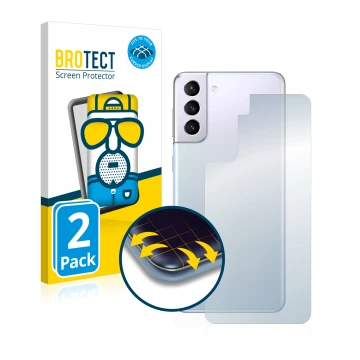 Front side of a product packaging with the brand logo BROTECT. Next to it is the device Samsung Galaxy S21 Plus 5G (Back) show