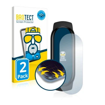 Front side of a product packaging with the brand logo BROTECT. Next to it is the device Xiaomi Mi Band 6 shown with the corres