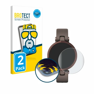Front side of a product packaging with the brand logo BROTECT. Next to it is the device Garmin Lily shown with the correspondi